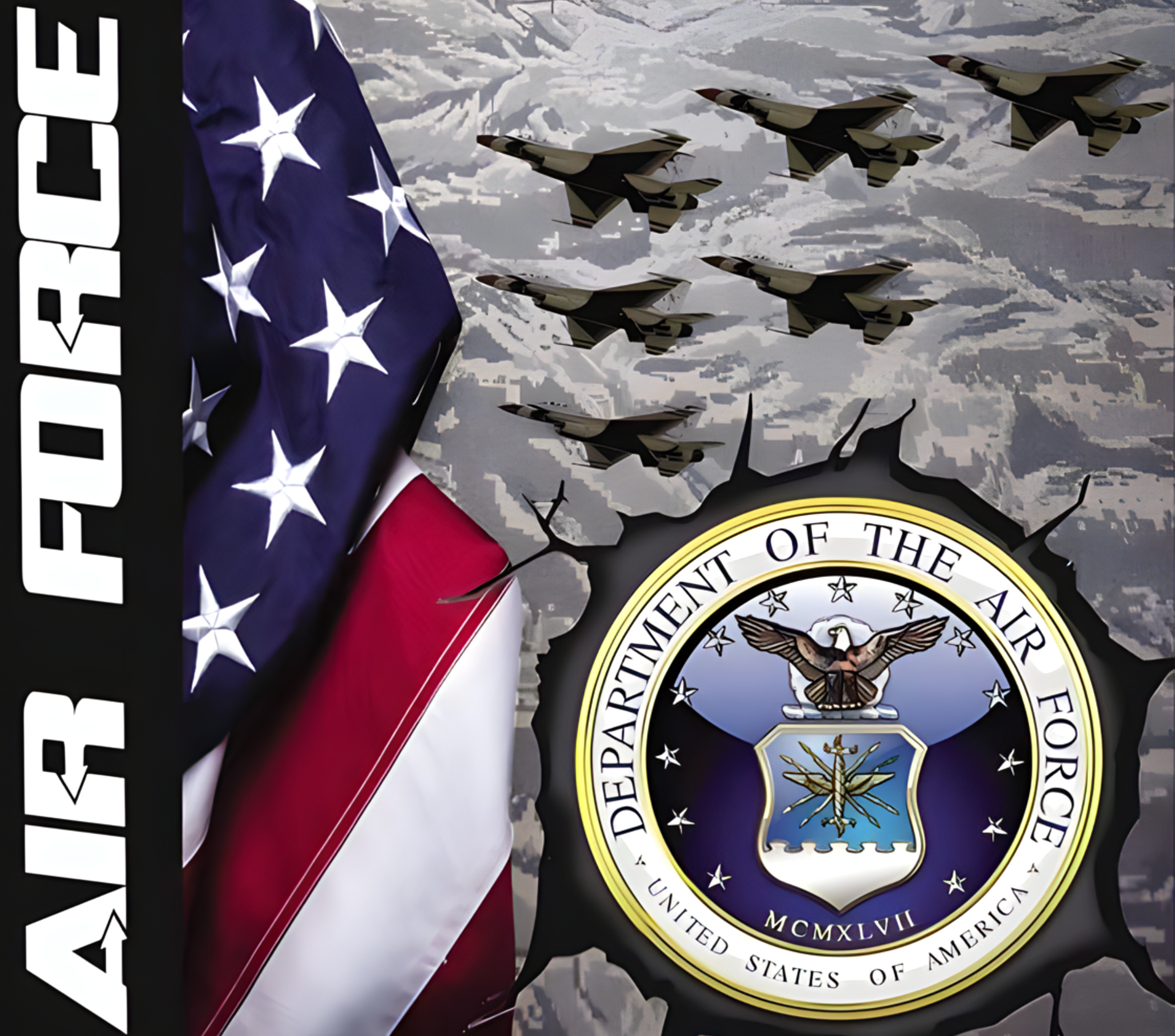 Department of the Air Force logo with American flag and military aircraft on camouflage background
