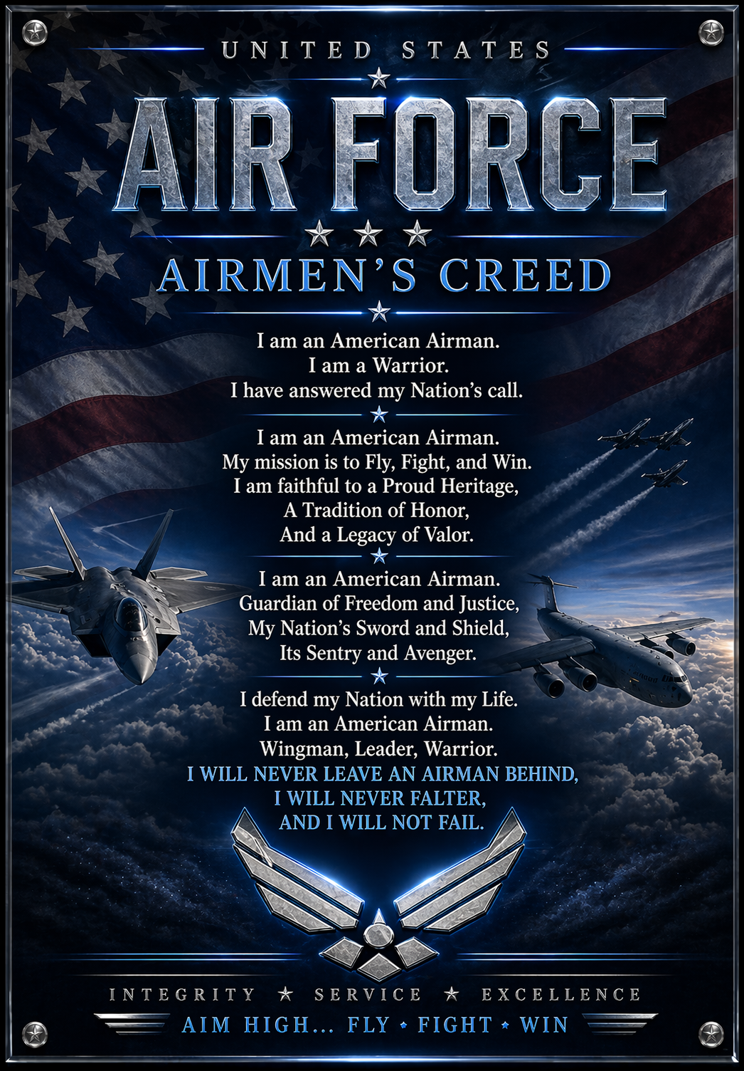 Air Force Airmen's Creed with American flag and fighter jet background