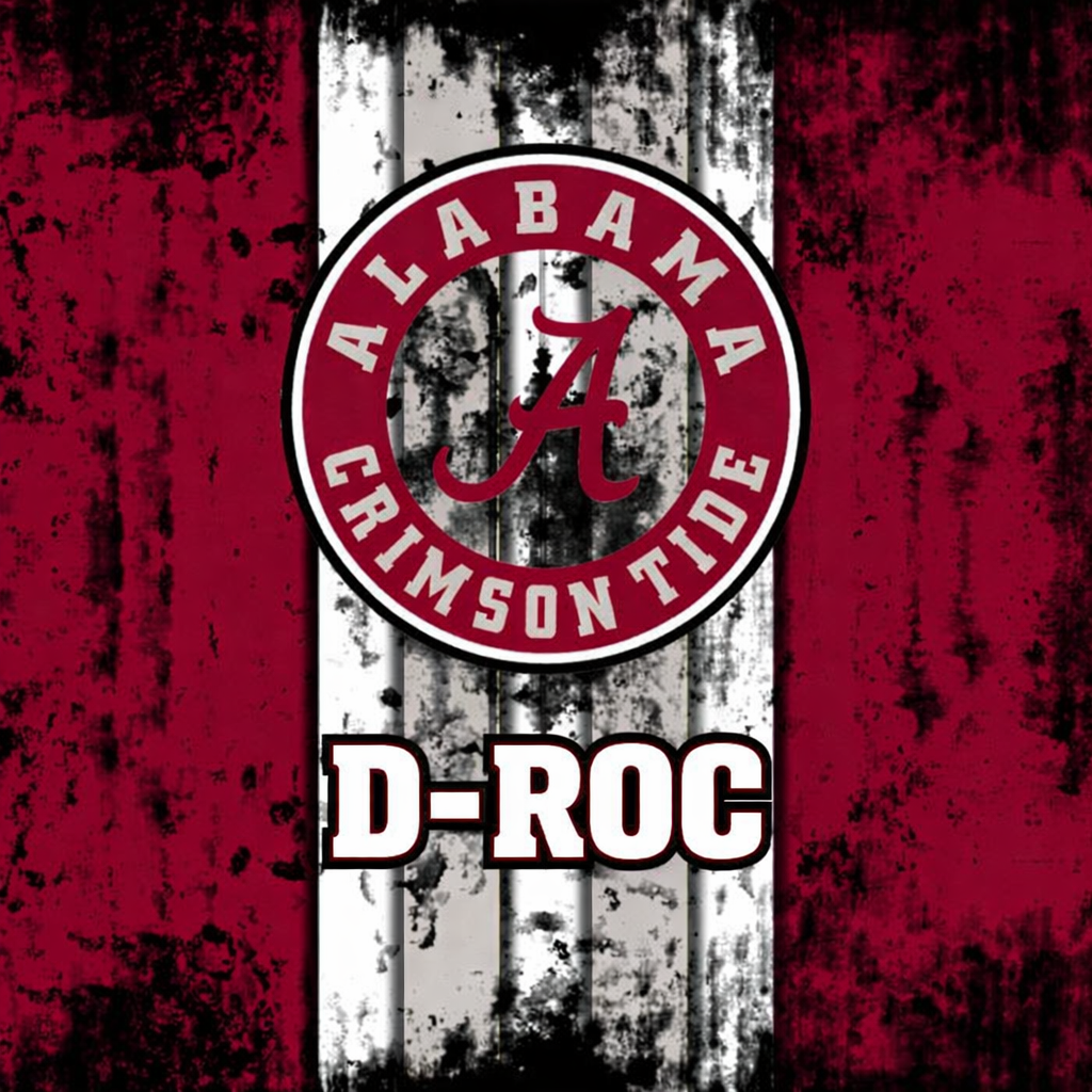 Alabama Crimson Tide logo with 'D-ROC' text on a red and white distressed background