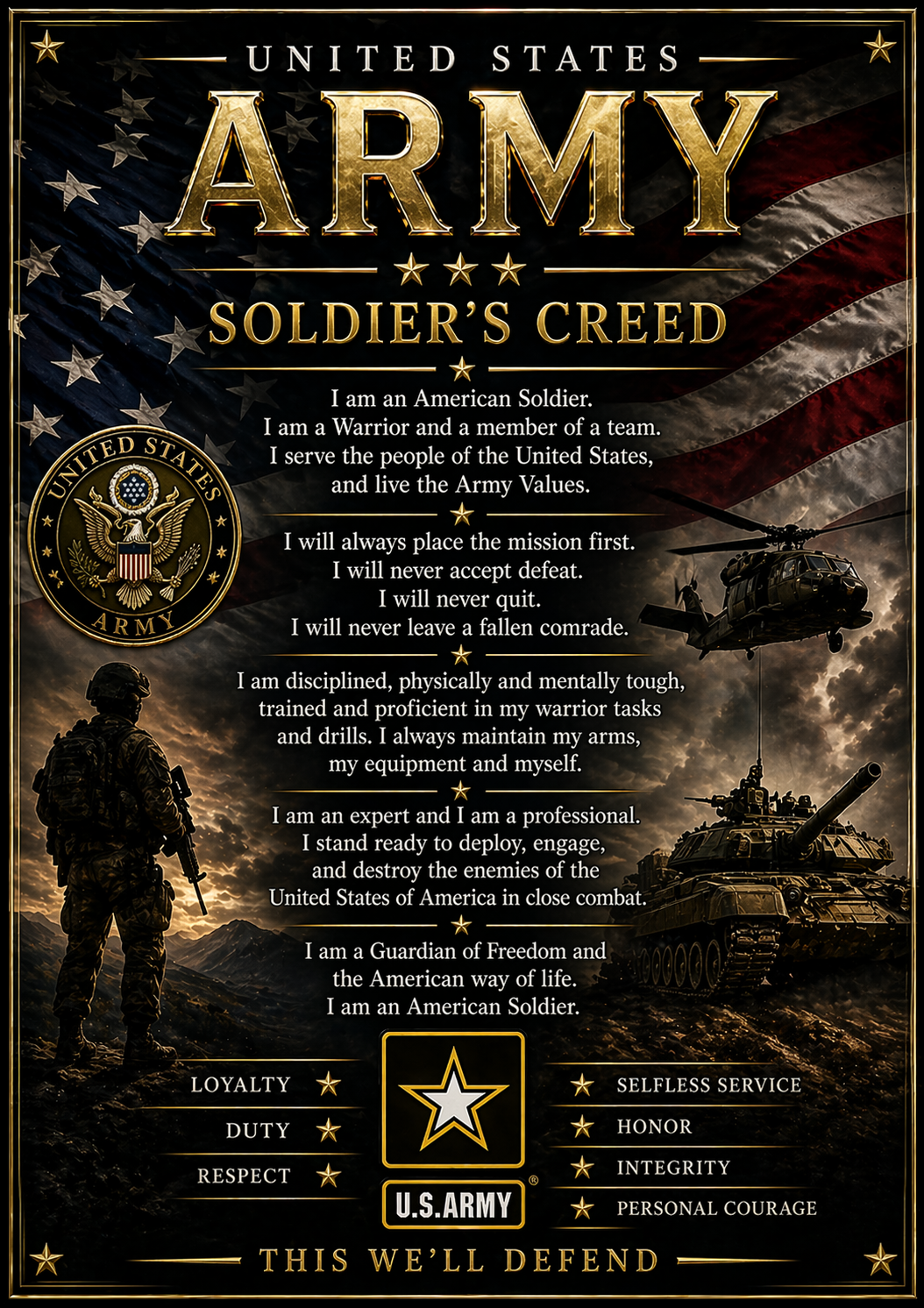 United States Army Soldier's Creed poster with military imagery and text.