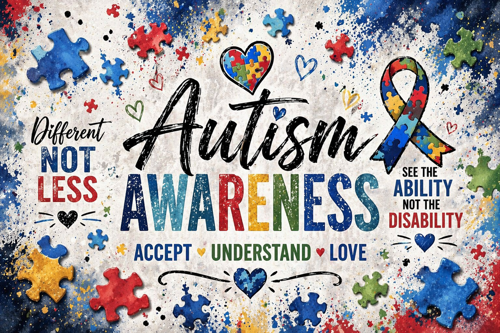 Autism awareness poster with colorful text and symbols on a multicolored background
