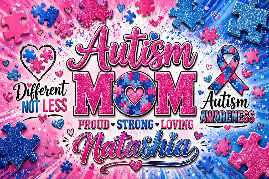 Autism awareness design with colorful text and puzzle pieces on a pink and blue background.