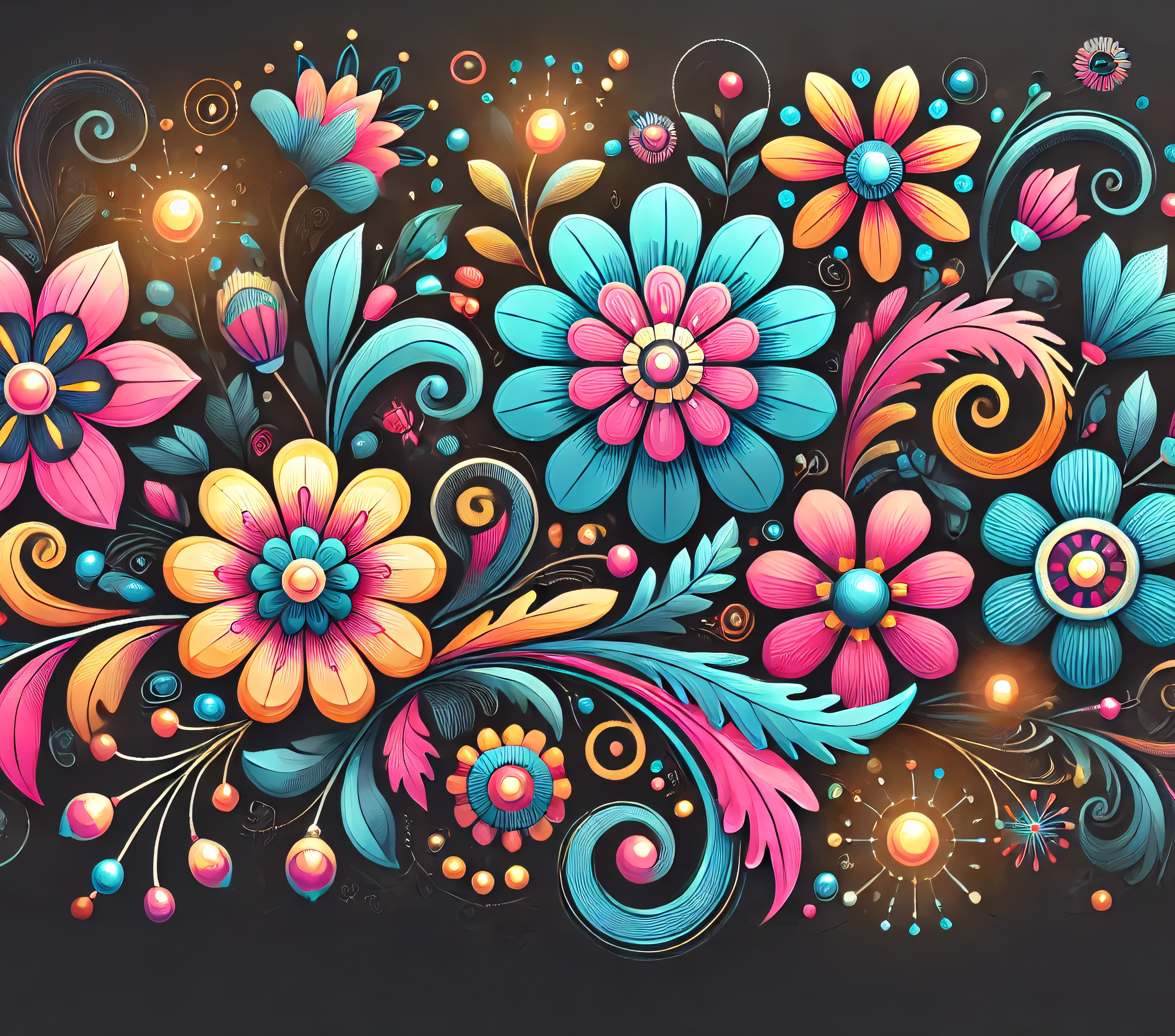 Colorful floral design with vibrant flowers and intricate patterns on a dark background
