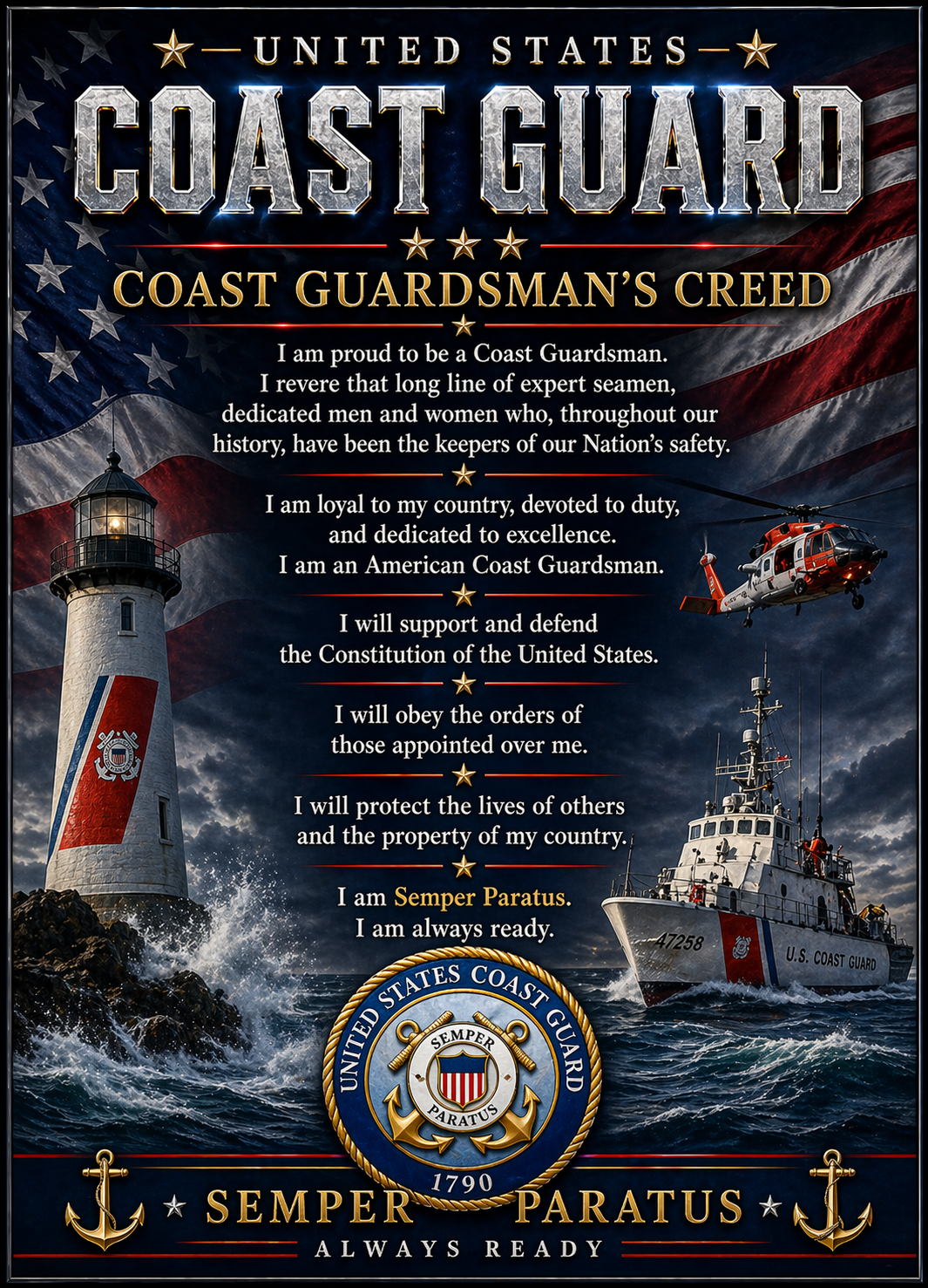 United States Coast Guard poster with lighthouse, ship, and American flag.