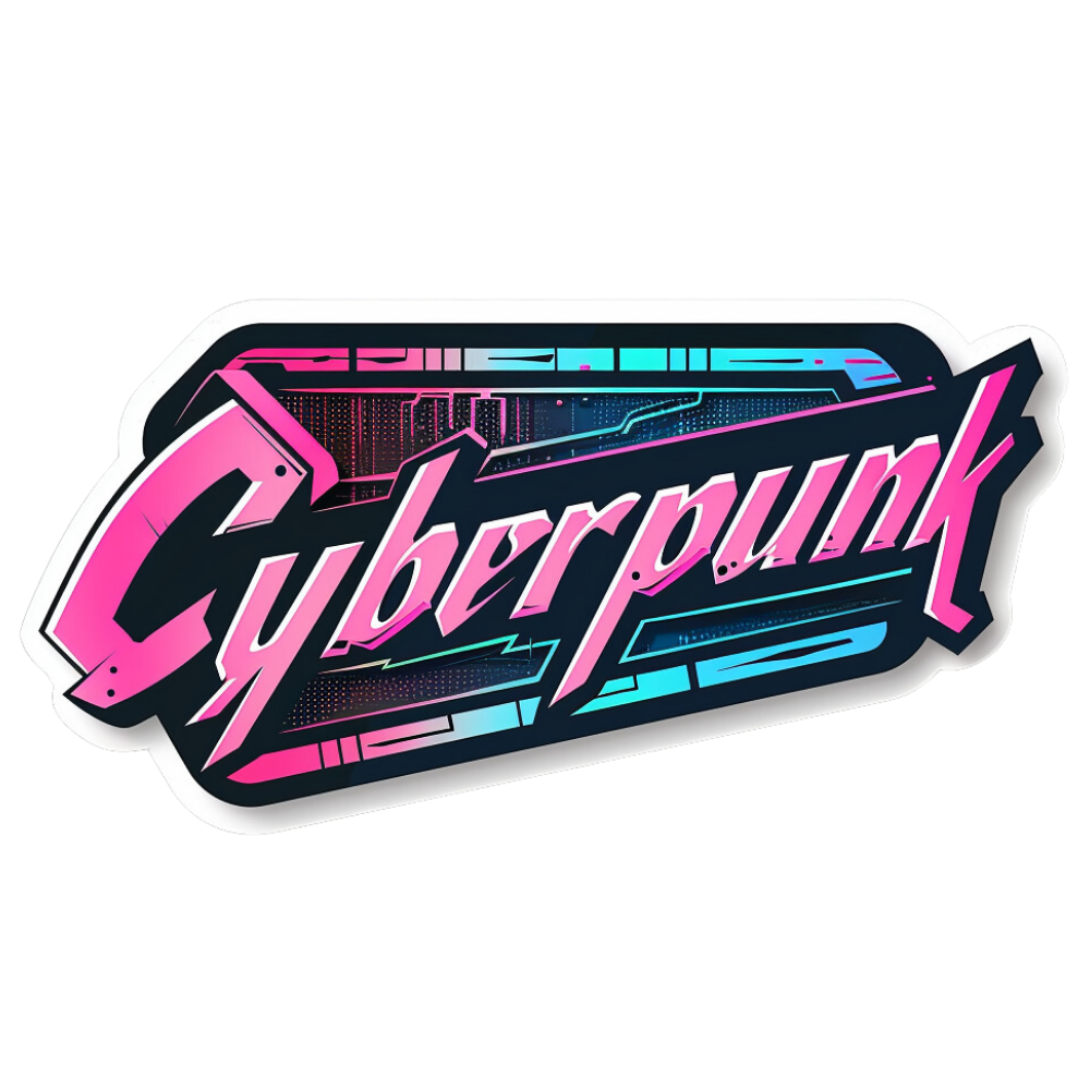Cyberpunk-themed logo with pink and blue colors on a white background