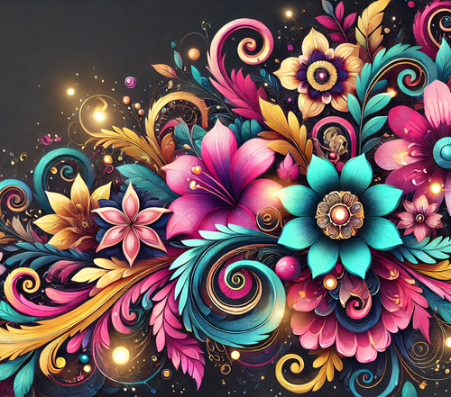 Colorful floral and swirl design with a dark background