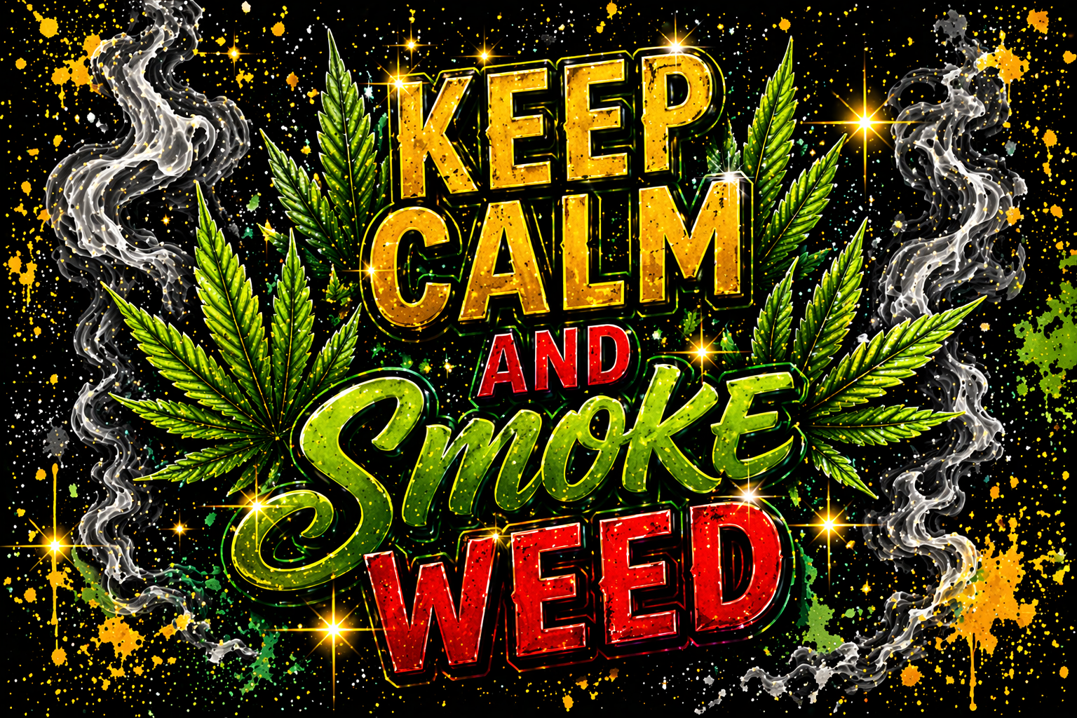 Motivational text 'Keep Calm and Smoke Weed' surrounded by cannabis leaves and smoke on a dark background.