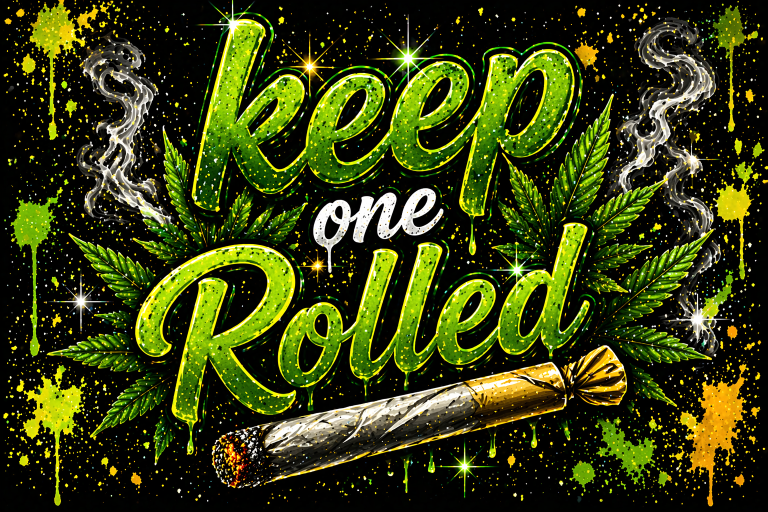 Decorative text 'keep one Rolled' with cannabis leaves and a rolled joint on a dark background.