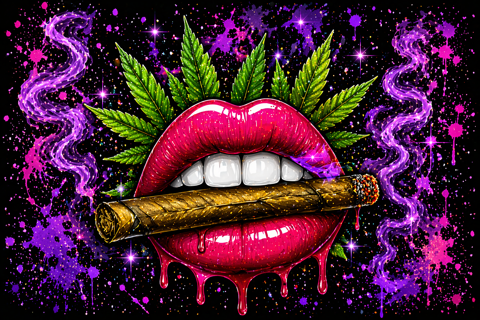 Lips with a cigarette and cannabis leaves against a colorful, abstract background
