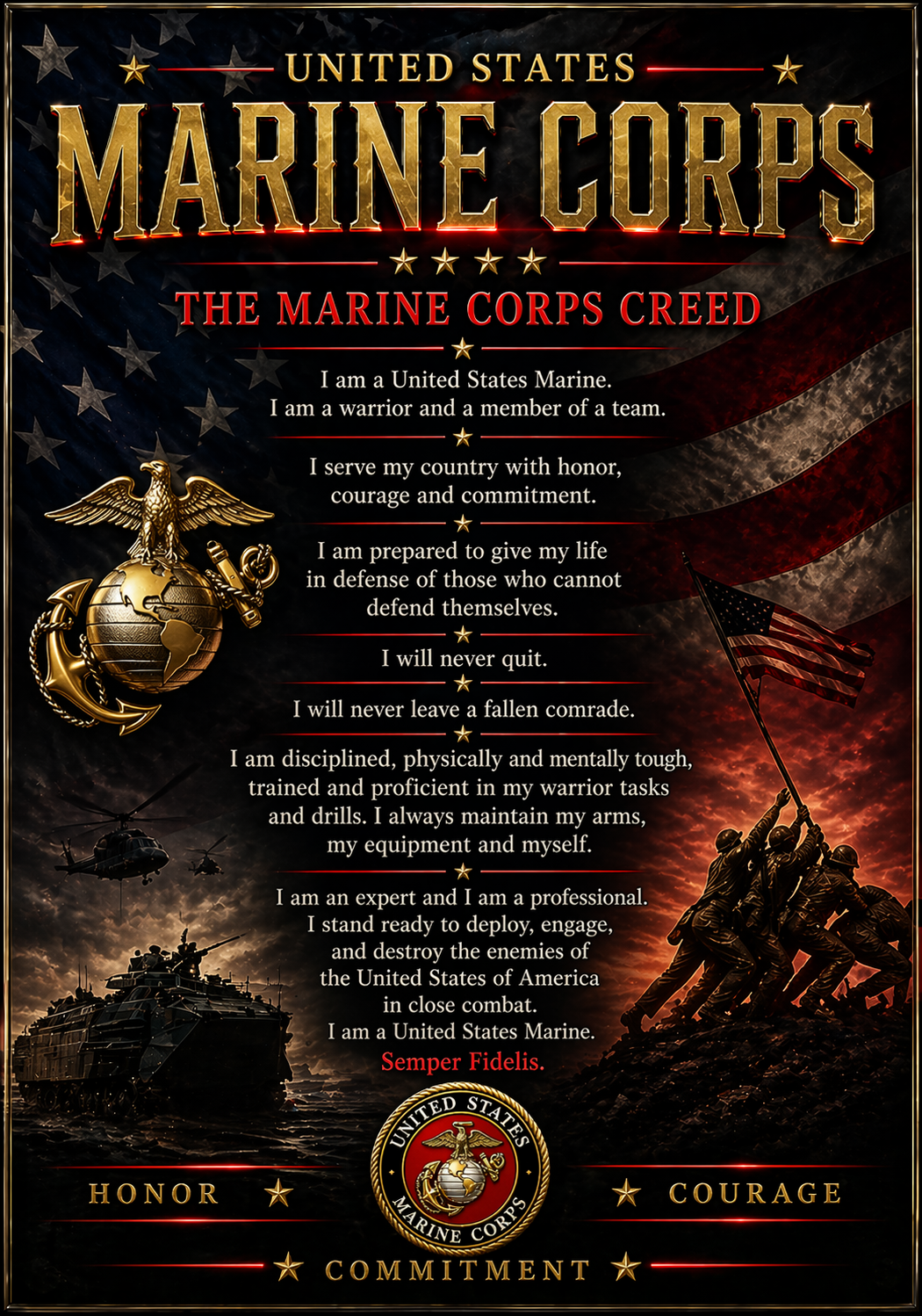 United States Marine Corps Creed poster with American flag and Marines in action