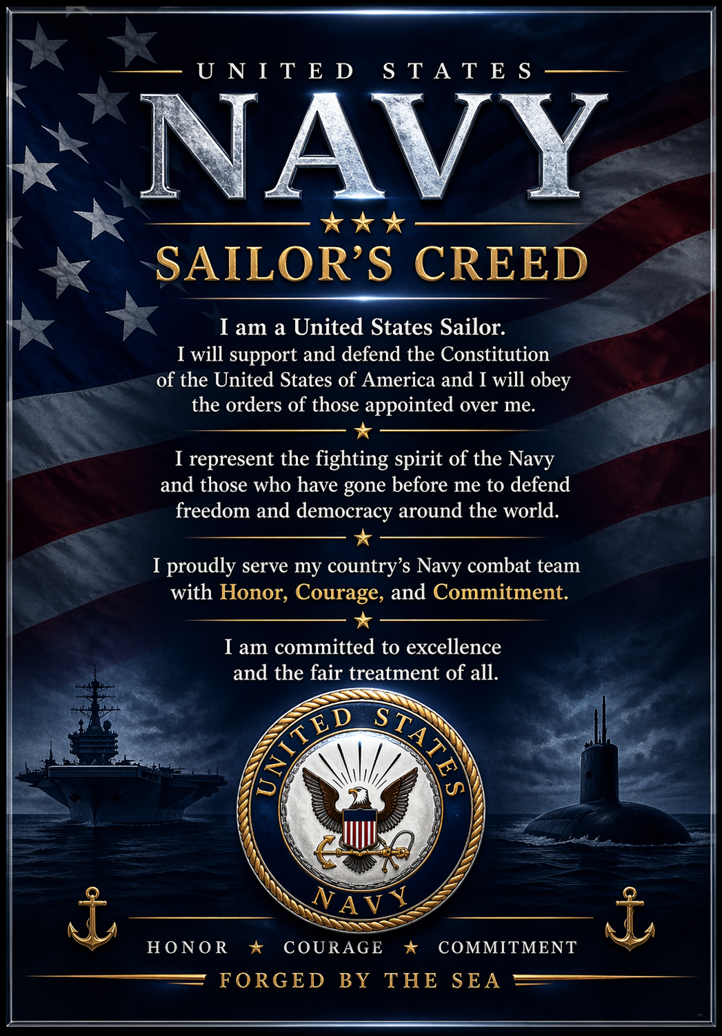 United States Navy Sailor's Creed with American flag and navy symbols
