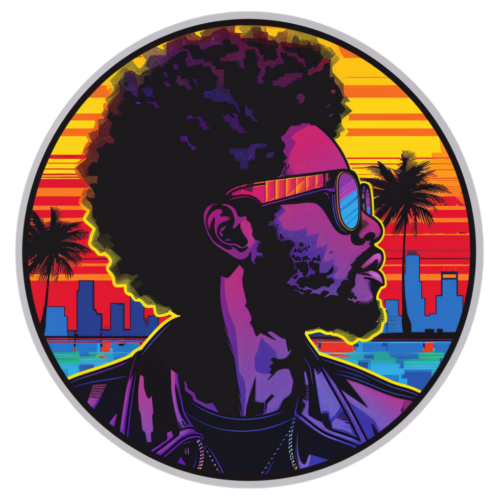 Circular design with a stylized portrait of a person wearing sunglasses against a colorful cityscape background.