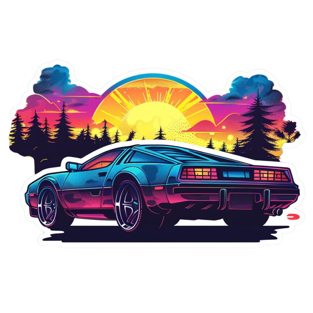 Neon-colored car with a sunset and trees in the background