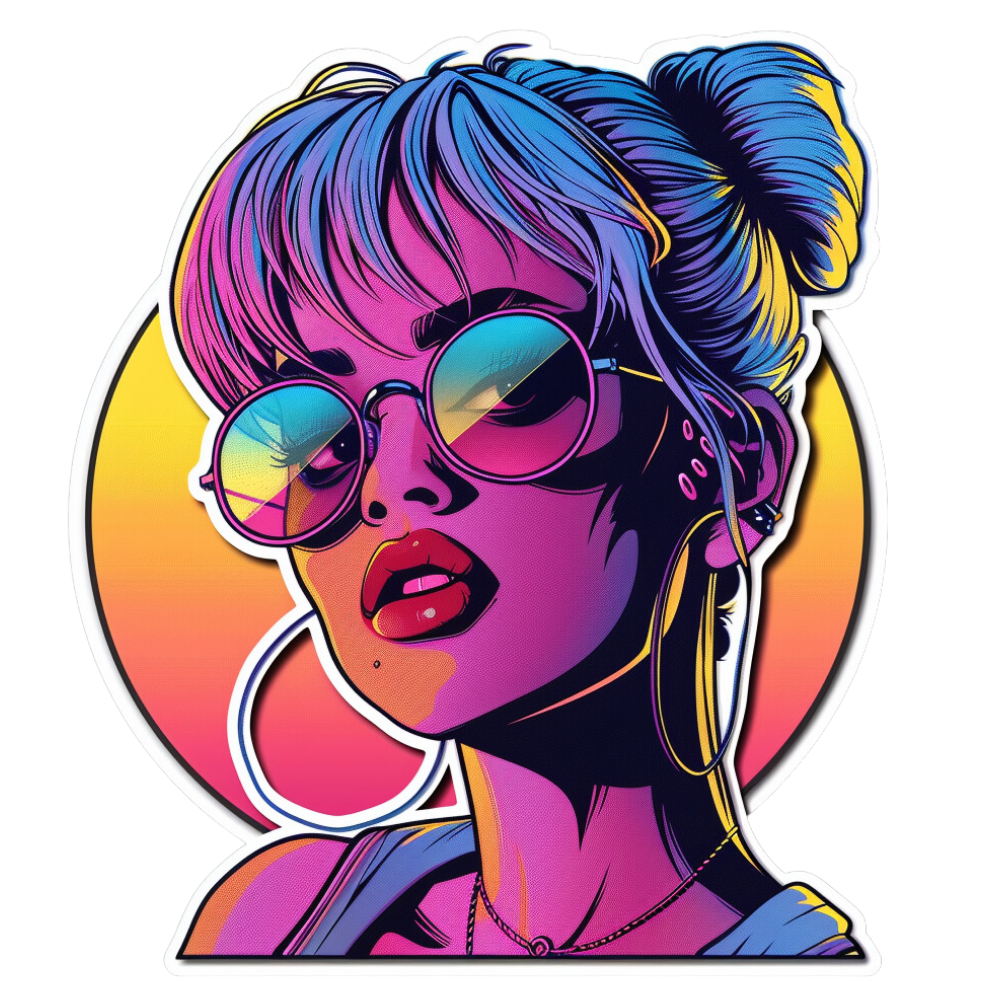 Colorful illustration of a woman with sunglasses and a bun on a white background