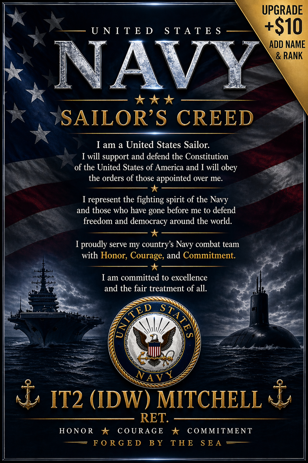United States Navy Sailor's Creed poster with American flag, navy ships, and navy emblem.
