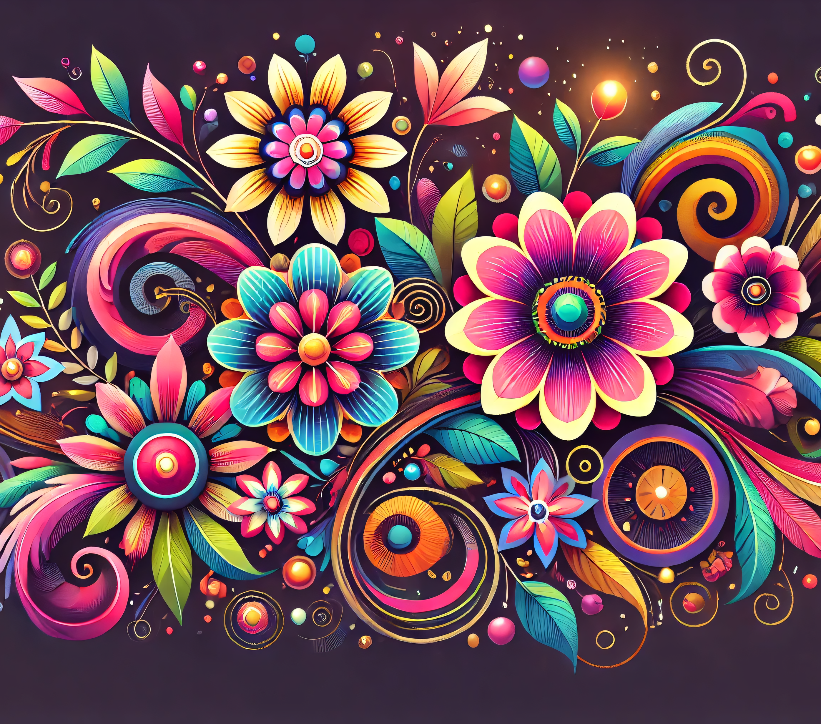 Colorful floral design with vibrant swirls and patterns on a dark background