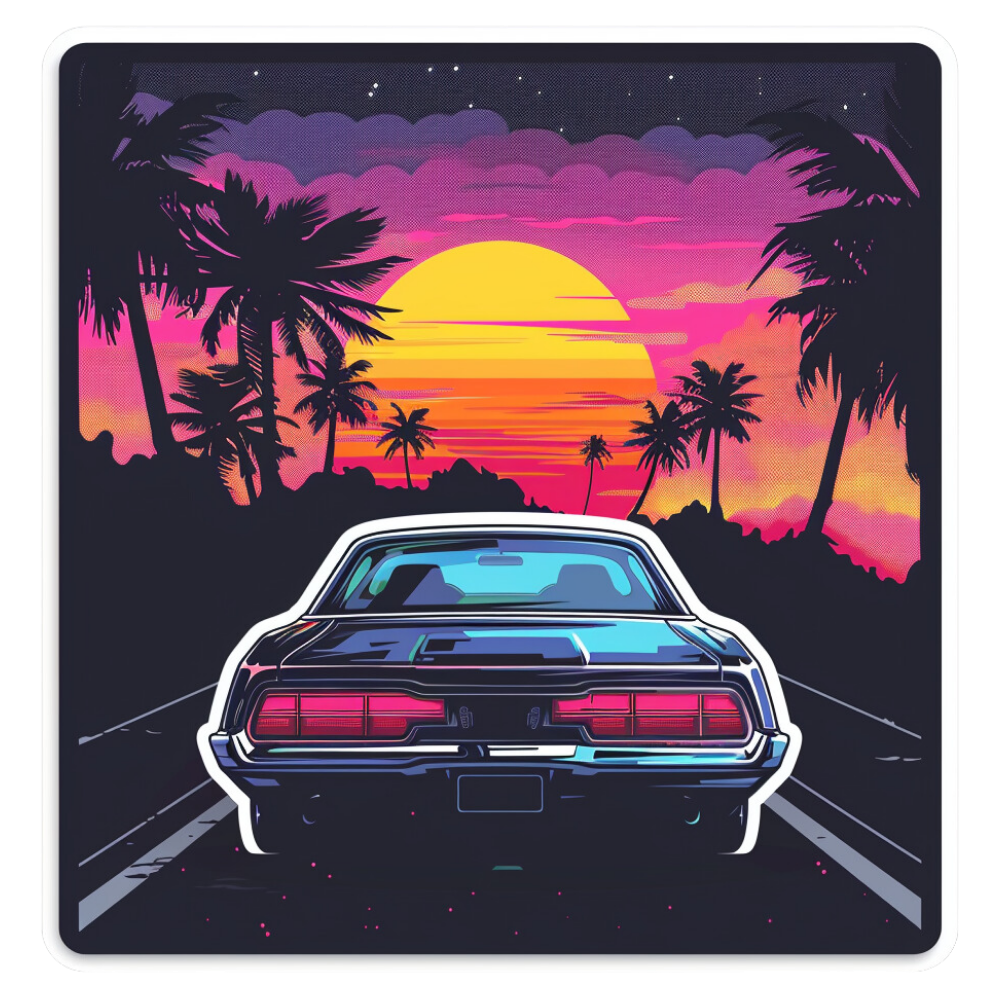 Vintage car on a road with palm trees and a colorful sunset in the background