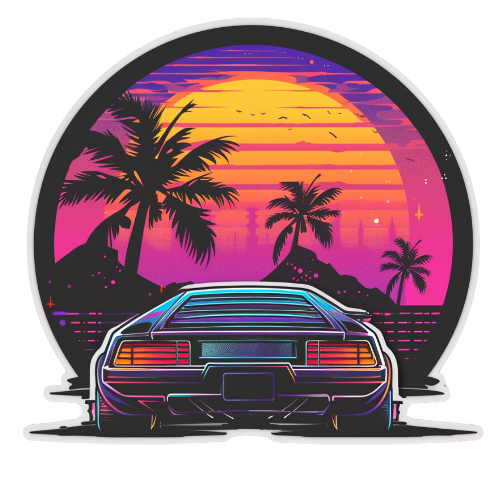 Stylized car with a retro-futuristic design against a sunset and palm tree background.