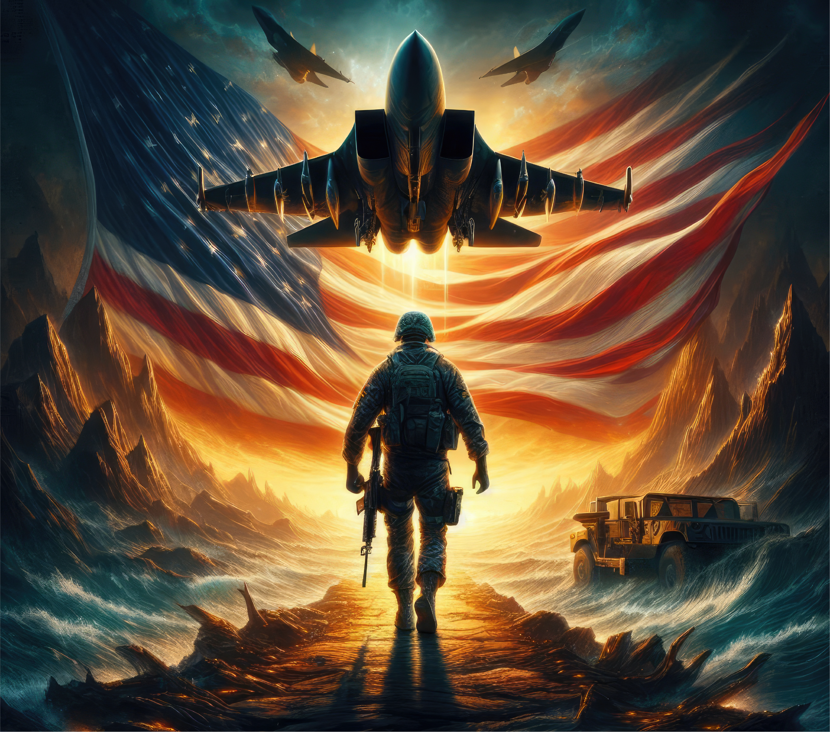 Soldier standing in front of an American flag with a fighter jet in the sky