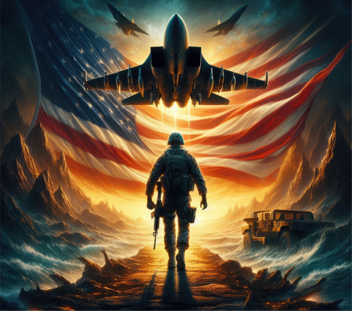 Soldier standing in front of an American flag with a fighter jet in the sky