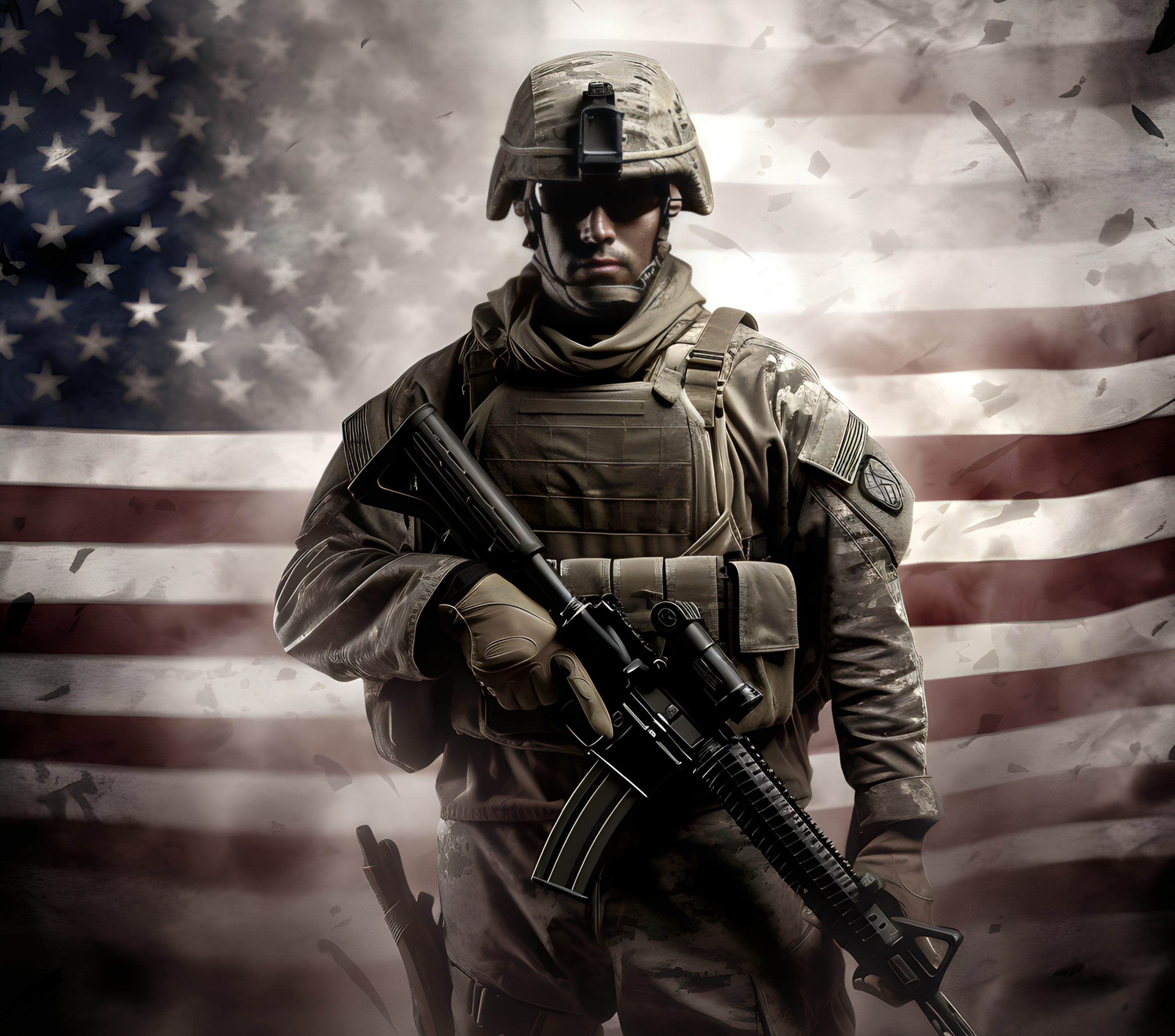 Soldier in tactical gear holding a rifle with an American flag in the background