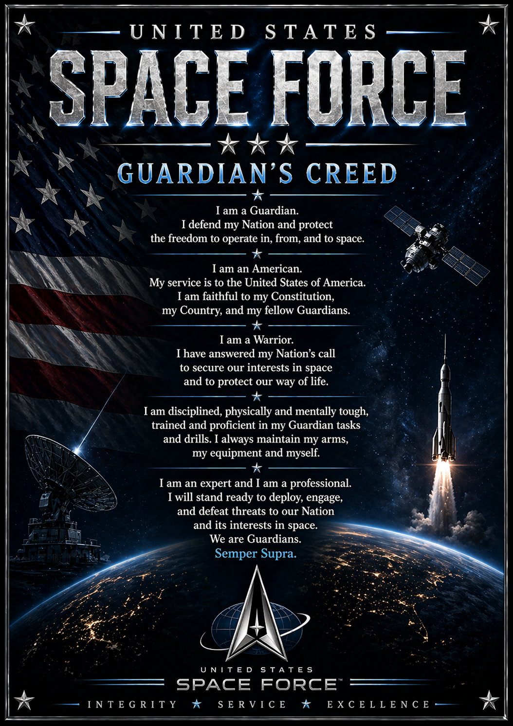United States Space Force poster with text and space-themed imagery