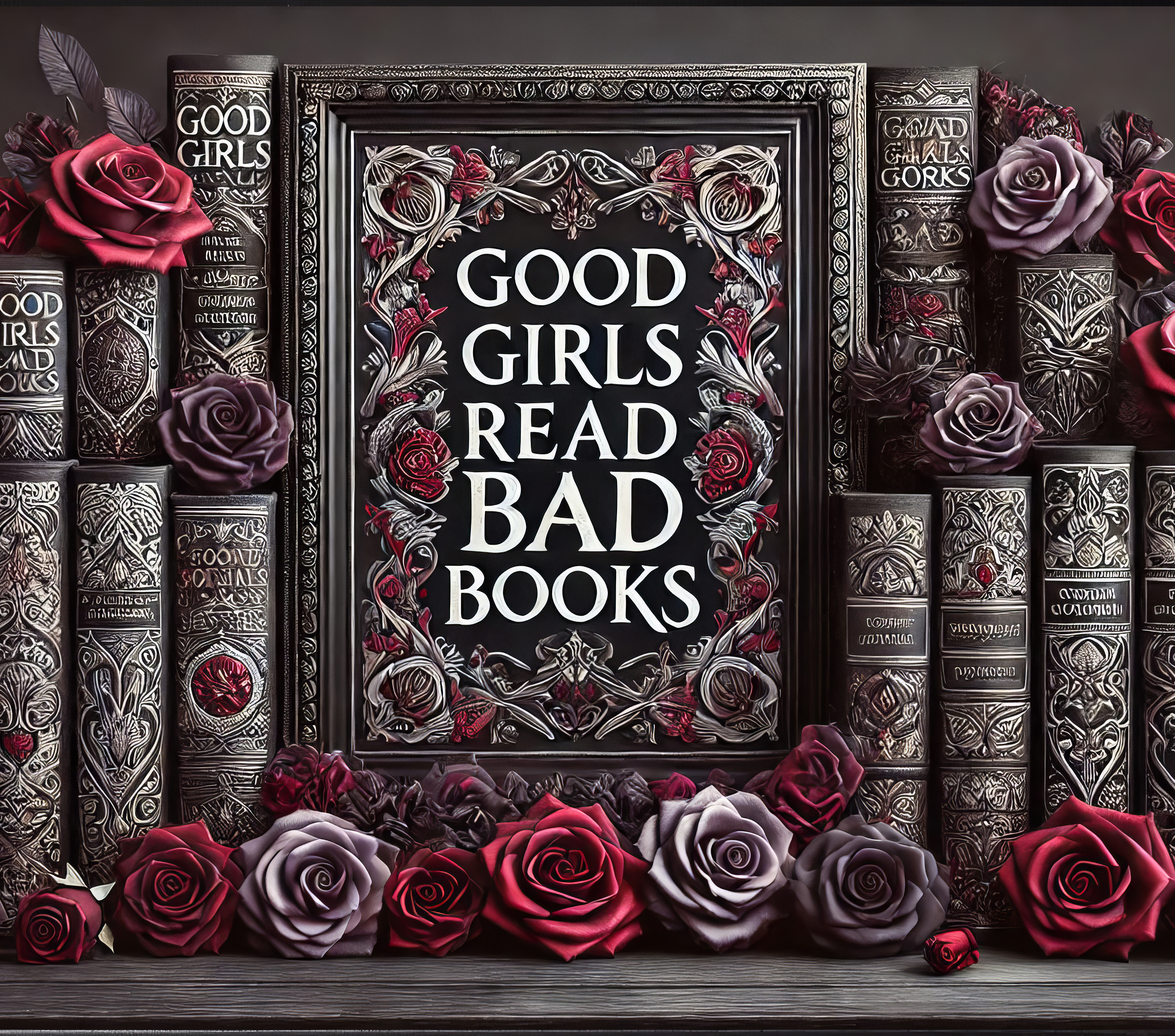 Decorative frame with 'Good Girls Read Bad Books' text surrounded by books and roses.