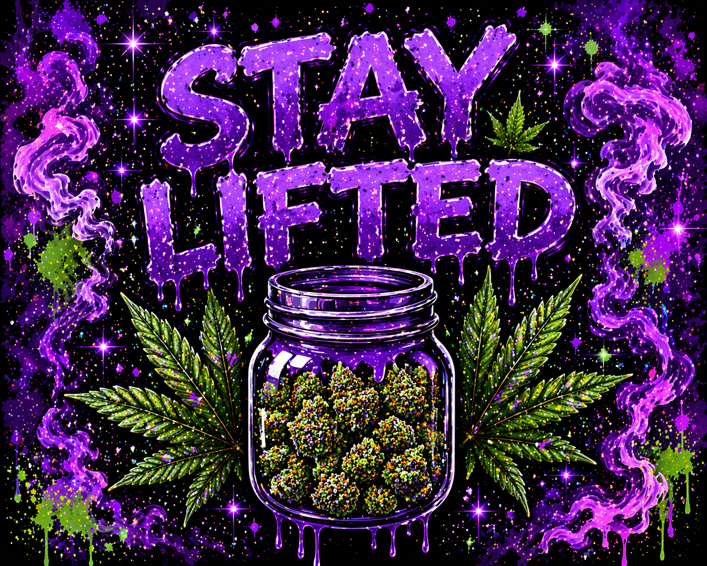 Mason jar with cannabis buds and leaves on a purple and green abstract background with 'Stay Lifted' text.