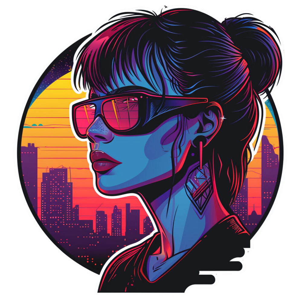 Colorful illustration of a woman wearing sunglasses with a cityscape in the background