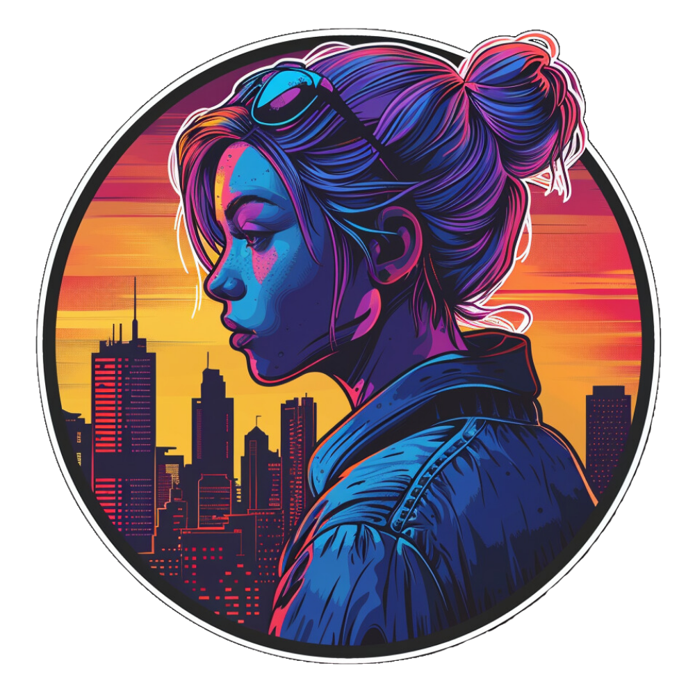 Colorful illustration of a woman with a cityscape in the background