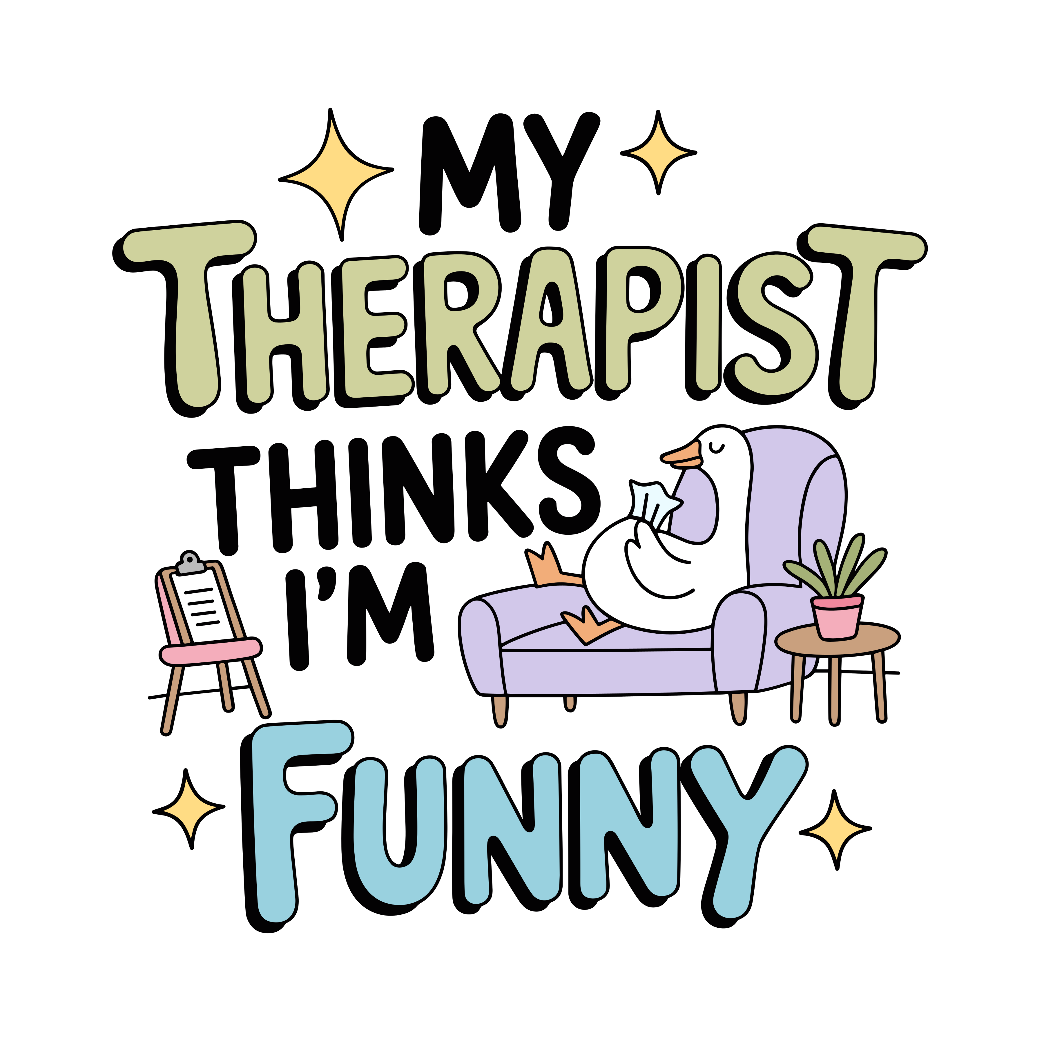 Cartoon illustration of a therapist and patient with text 'My Therapist Thinks I'm Funny' on a white background.