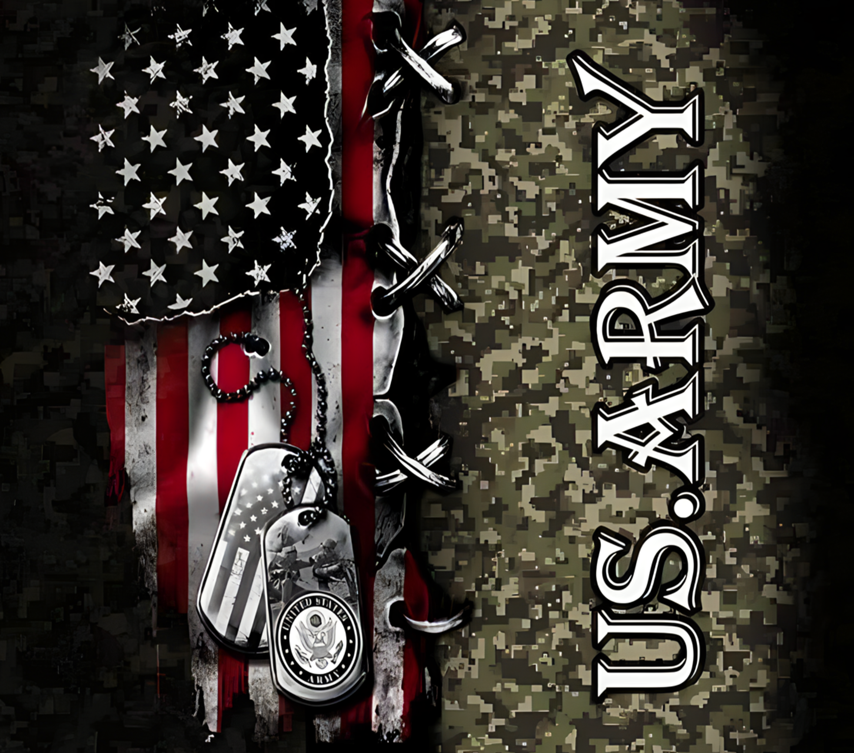 US Army logo with American flag and camouflage pattern