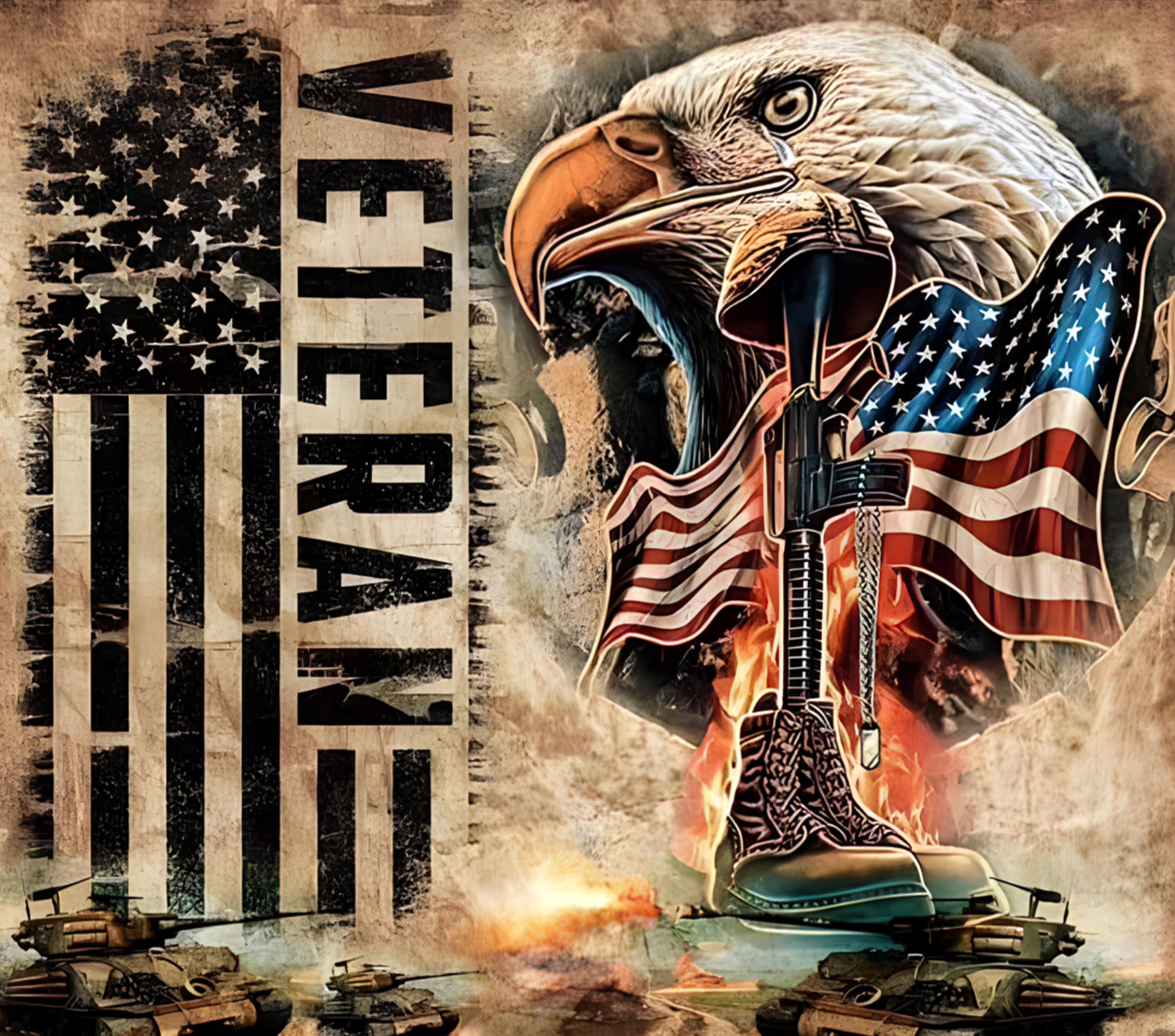 Eagle holding an American flag with 'VETERAN' text and military elements.