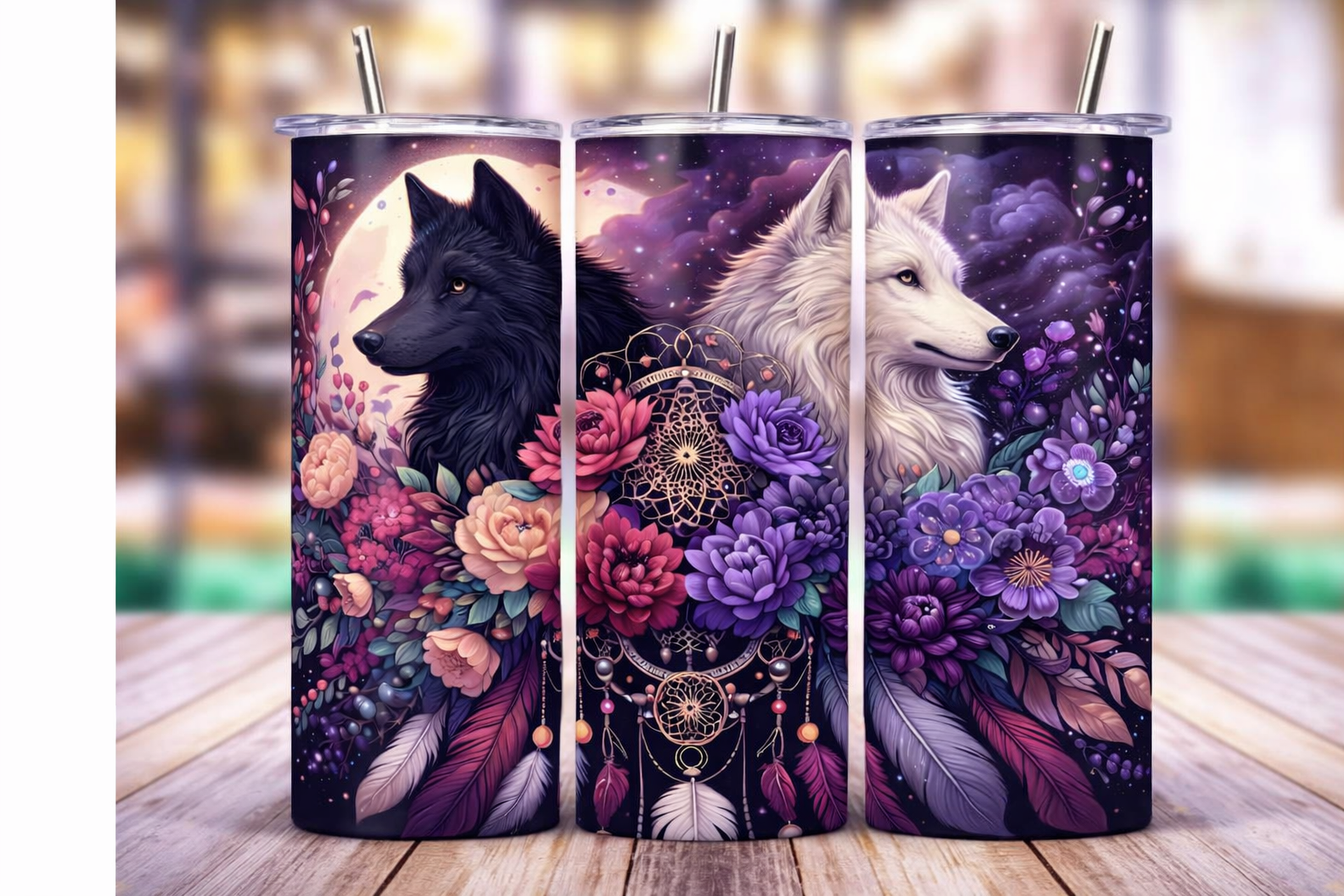 Mystic Wolf Dreamcatcher 20 oz Skinny Tumbler – Floral Moon Design